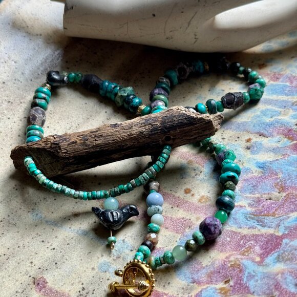 Bohemian OOAK Turquoise, Wood, Ceramic, Aventurine Statement Necklace - Picture 5 of 11